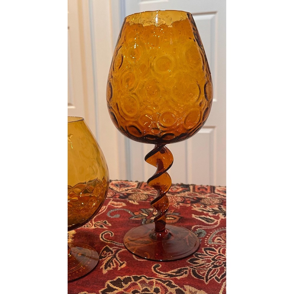 Vintage Amber Glass Oversized Brandy Snifter Thumbprint Twisted‎ Spiral Stem